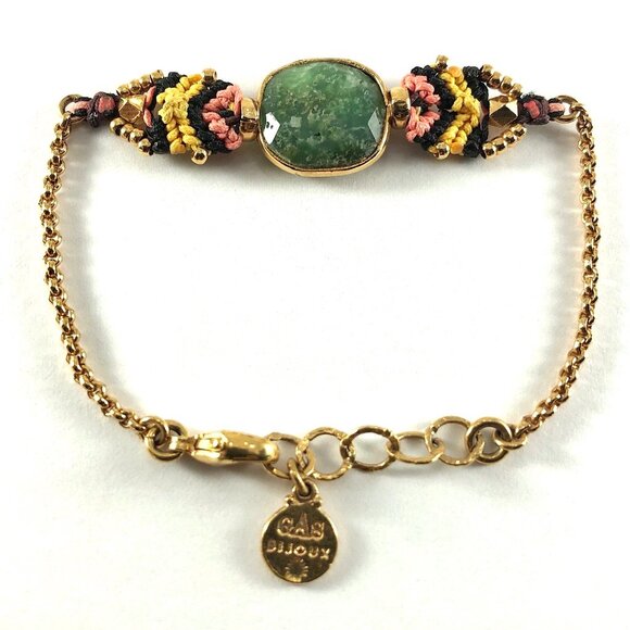 Gas Bijoux chain bracelet gold tone macrame with bezel set faceted green stone - Picture 8 of 11